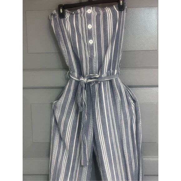 Cloth & Stone Linen Rayon Blue & White Striped Strapless Removable Belt Jumper S - Picture 2 of 9